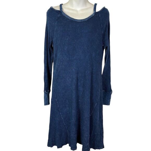 Able Womens Ribbed Blue Long Sleeve Cold Shoulder USA Made Knit Dress sz Large - Picture 1 of 16